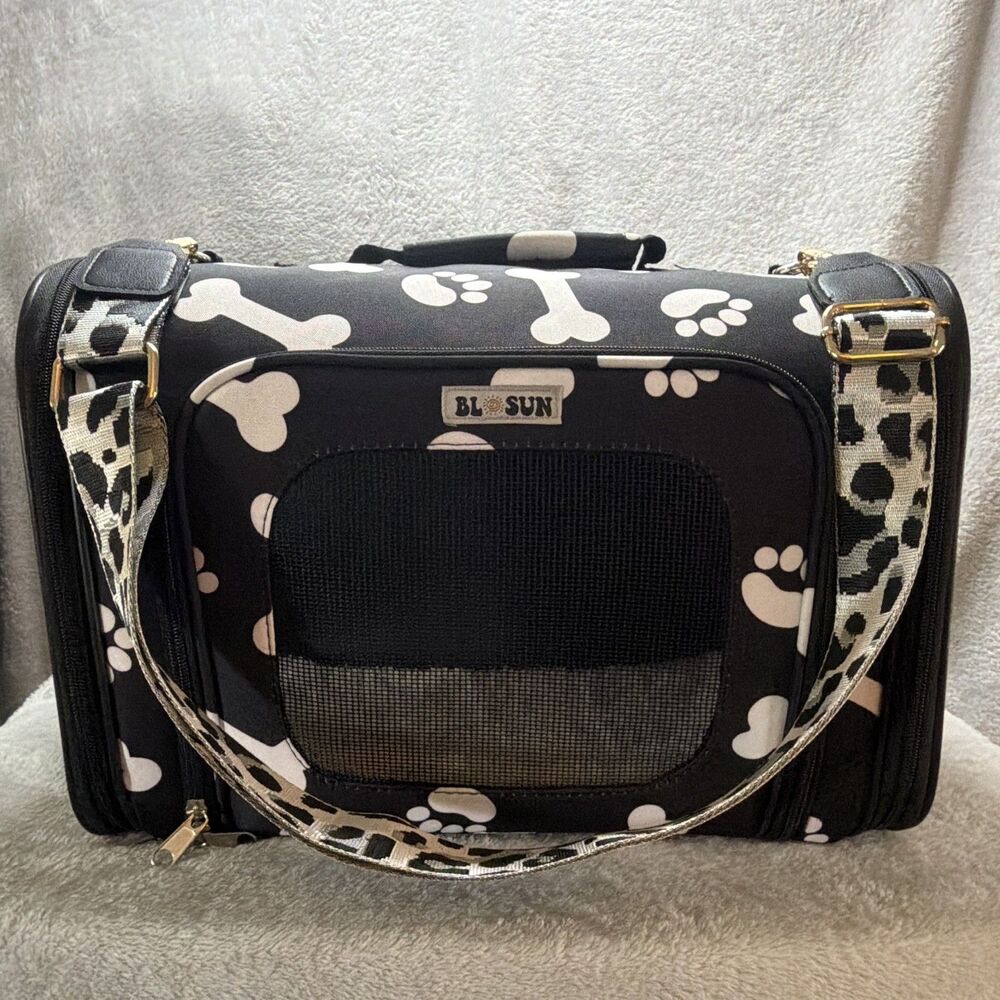 Soft Sided Pet Carrier Dog Cat Travel Bag Paw Bone Print Shoulder Strap